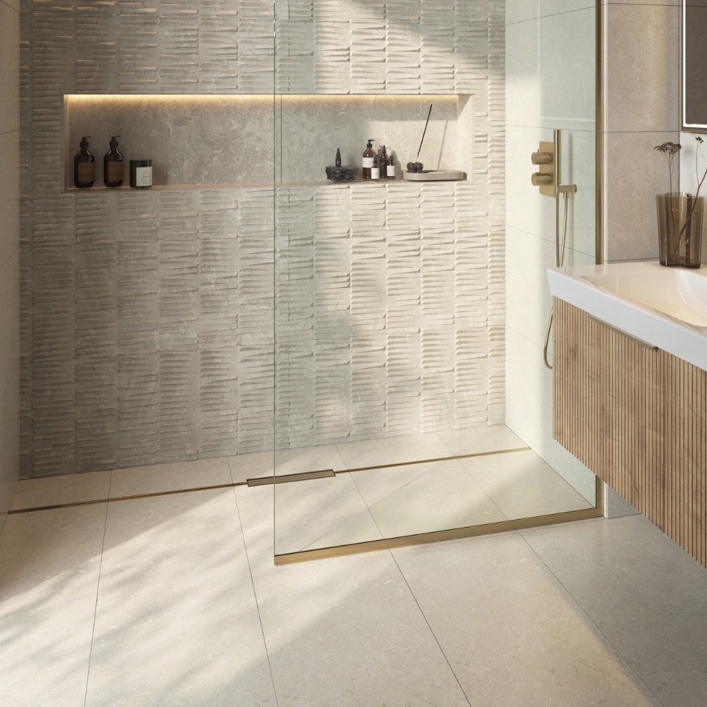 Lifestyle image of the Abacus Elements Linear Uno 1600mm x 900mm Brushed Bronze Offset Drain Wetroom Former Kit